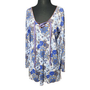 cover up floral tunic long sleeve v neck blue sz S